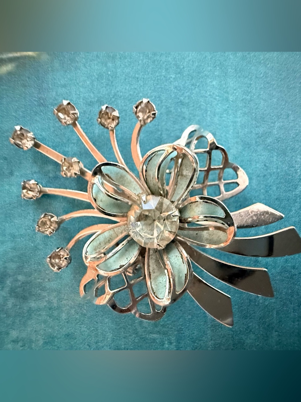 Silver Floral Crystal Brooch - Aqua Petal Accent